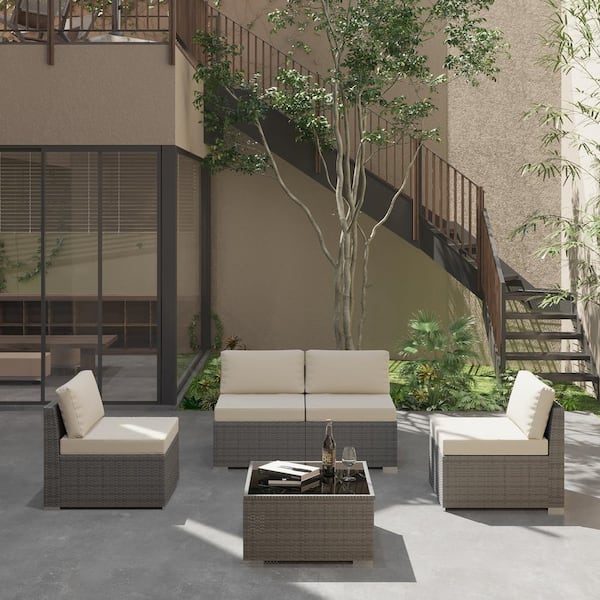 Gardenbee 5-Piece Wicker Outdoor Patio Sectional Sofa Conversation Set with Coffee Table and Beige Cushions