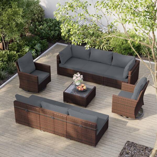 UPHA 9-Piece Wicker Patio Conversation Set with Swivel Chairs Coffee ...