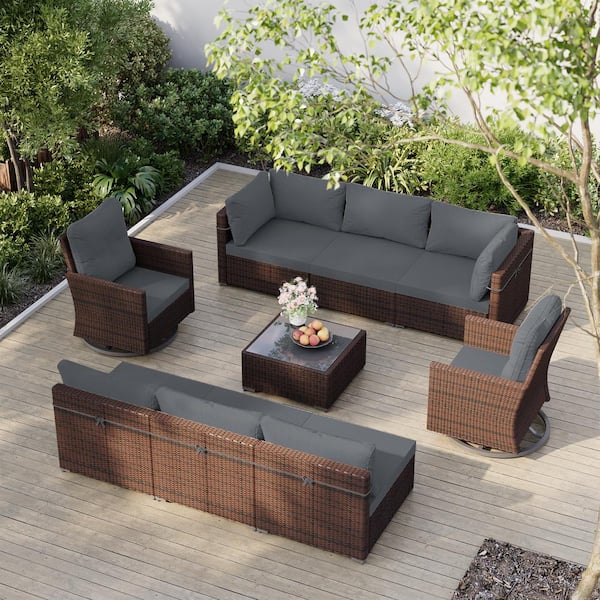 UPHA 9-Piece Wicker Patio Conversation Set with Swivel Chairs Coffee Table and Gray Cushions