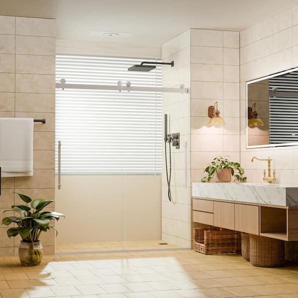 56-60 in. W x 76 in. H Double Sliding Frameless Shower Door in Brushed Nickel with 5/16 in. Nano-Coated Easy-Clean Glass