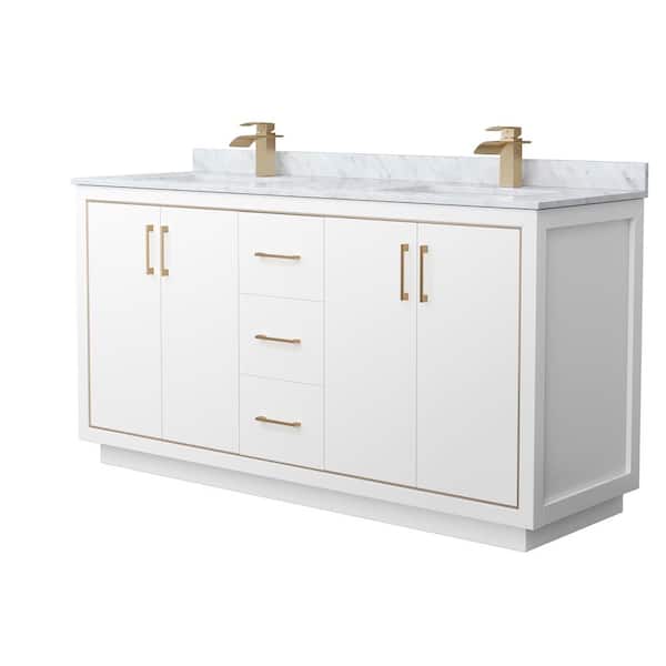 Wyndham Collection Icon 66 in. W x 22 in. D x 35 in. H Double Bath Vanity in White with White Carrara Marble Top