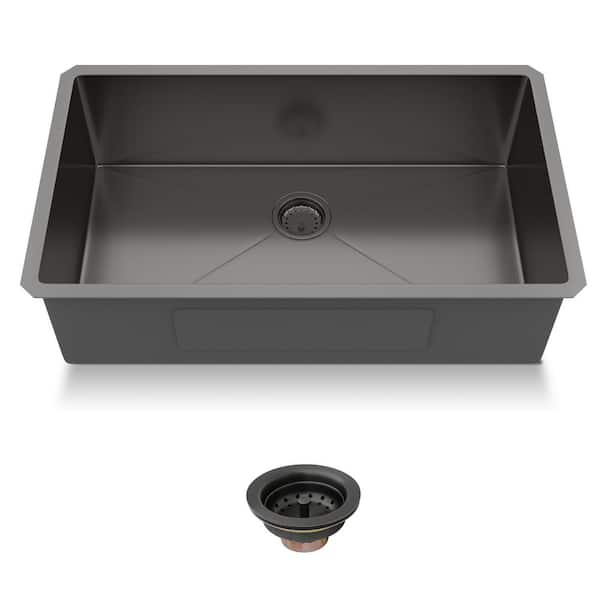 33 in. x 19 in. Drop-In/Undermount Gunmetal Black Single Bowl 16-Gauge Stainless Steel Kitchen Sink with Basket Strainer