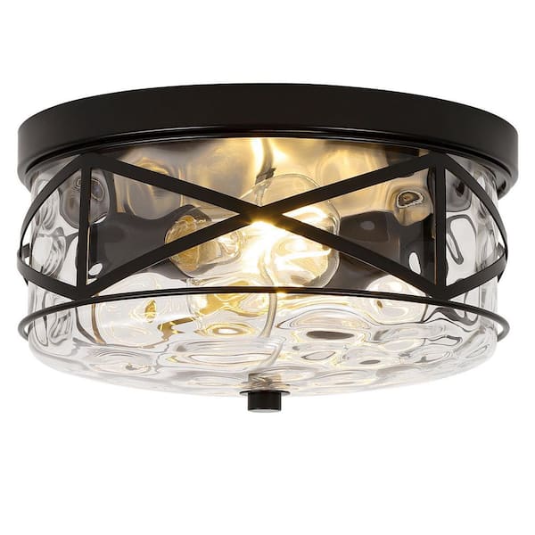 12 in. 2-Light Black Flush Mount Water Ripple Glass Ceiling Light with Metal Frame