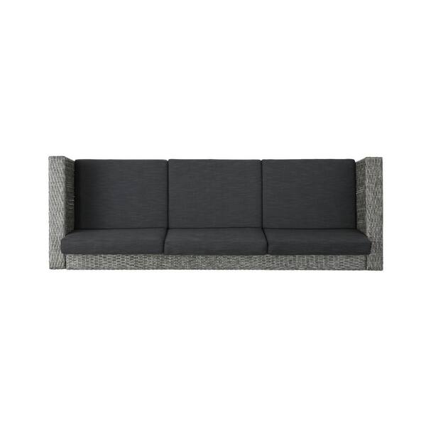 Noble House - Puerta Mixed Black Wicker Outdoor Patio Sofa with Dark Gray Cushions