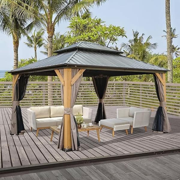 Beaulo 14 ft. x 12 ft. Hardtop Cedar Wood Gazebo in Brown with Double Galvanized Steel Frame Roofs and Mosquito Net