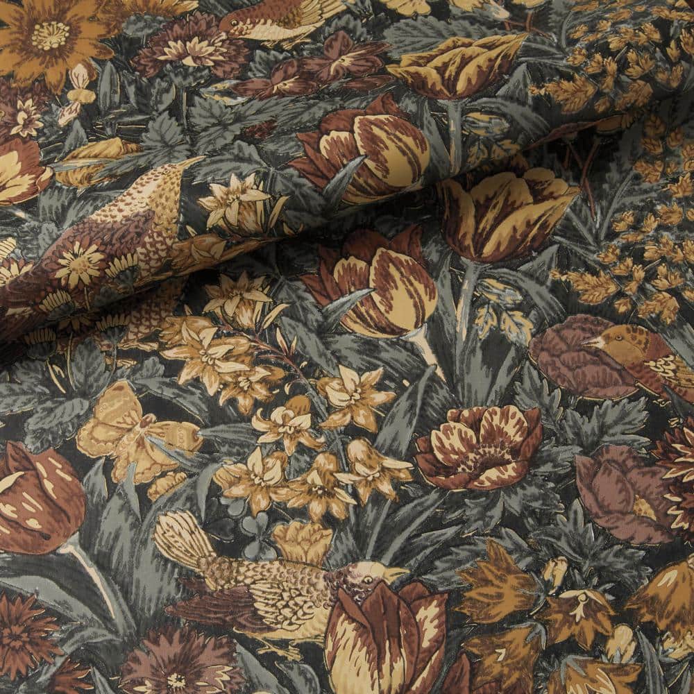 Mahogany and Graphite Bird Floral Peel and Stick Wallpaper