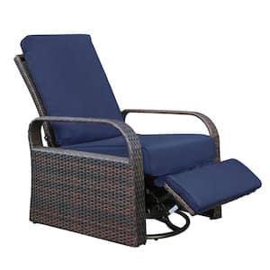 1-Piece Wicker Outdoor Swivel Recliner with Navy Blue Cushions 360° Rotating