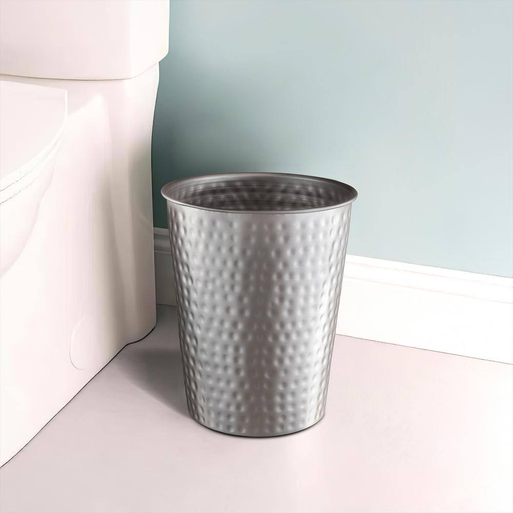 Hand Hammered Matte Gray Metal Round Bathroom Trash Can