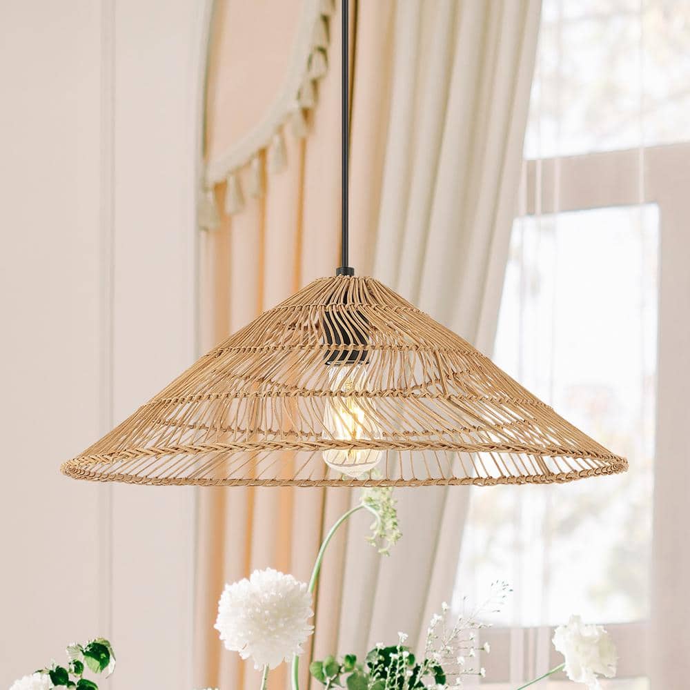 Nova 20.25" Brown Rattan Cone-Shaped LED Pendant Light with 180" Cord
