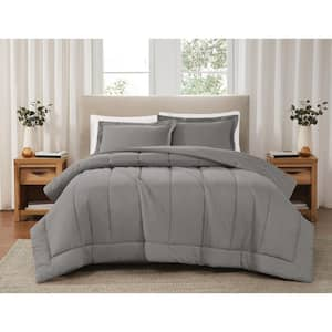 3-Piece Grey Solid Cotton Percale Full/Queen Comforter Set