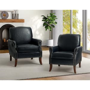 Calestin Transitional Navy Vegan Leather Nailhead Armchair with Rolled Arms and Solid Wood Legs Set of 2