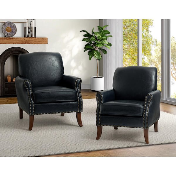 JAYDEN CREATION Calestin Transitional 31 in. Navy Faux Leather Arm Chair with Solid Wooden Legs (Set of 2)