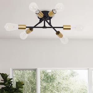 16.54 in.6-Light Black Flush Mount with Aged Brass Socket Cups