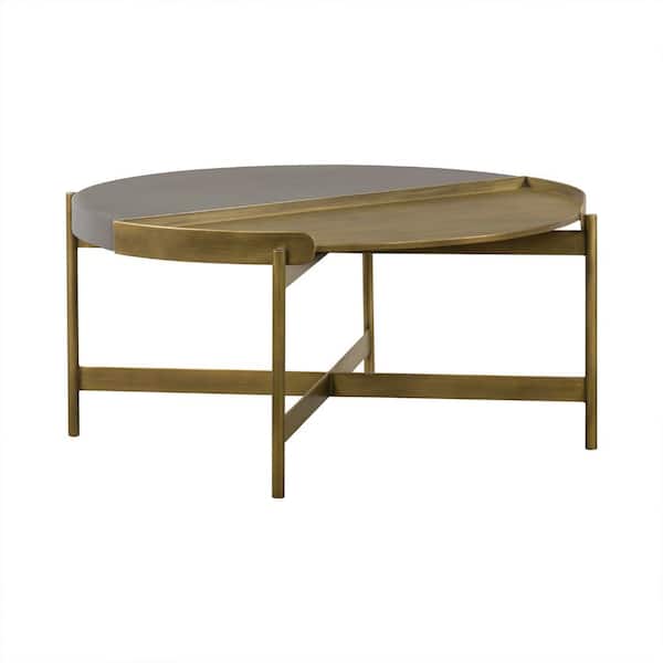 HomeRoots Mariana 31.5 in. Medium Gray Concrete Top/Antique Brass Metal Round Concrete Coffee Table