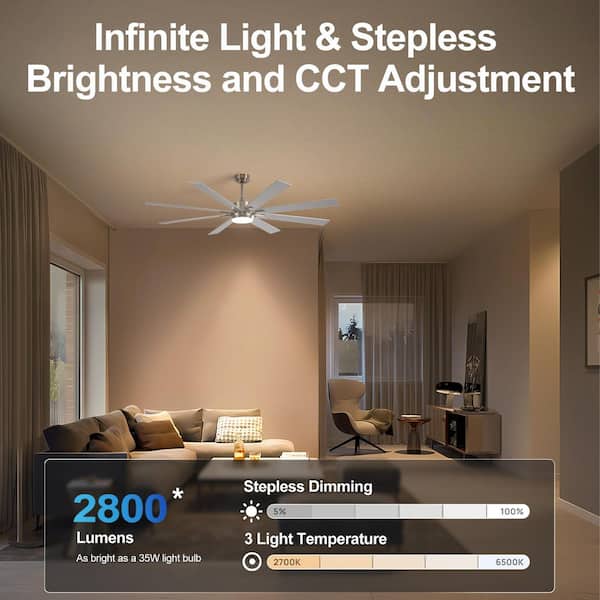 72 in. Silver Nickel DC Motor Downrod Mount Standard Ceiling Fan with Remote Control, 3-Color Dimmable