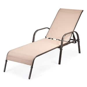 Adjustable Patio Chaise Folding Lounge Chair in Brown with 5-Position Backrest and Arc-shaped Armrest