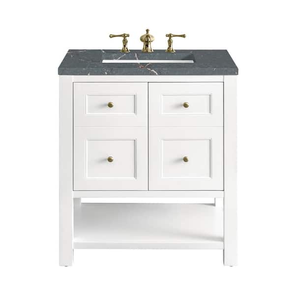 James Martin Vanities Breckenridge 30.0 in. W x 23.5 in. D x 34.2 in. H Single Bathroom Vanity Bright White and Parisien Bleu Quartz Top