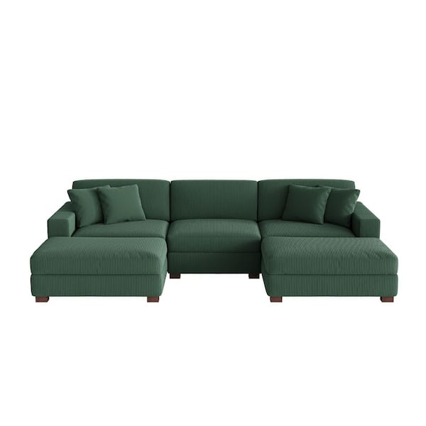 118 in. W Modern Square Arm 5-Piece Corduroy Fabric U-Shaped Sectional Sofa in Hunter Green