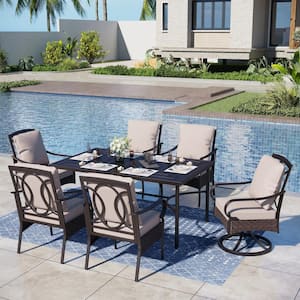 7-Piece Metal Patio Outdoor Dining Set with Black Rectangle Table and Chairs with Beige Cushions