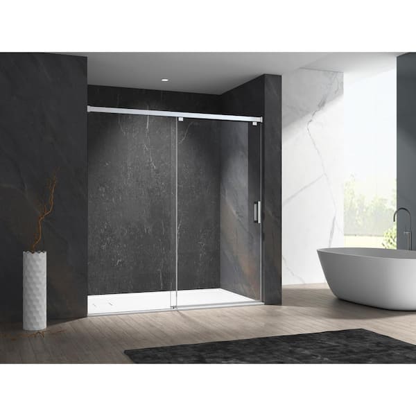 MCOCOD 60 in. W x 76 in. H Single Sliding Frameless Shower Door in Brushed Nickel with Soft-Closing and 5/16 in. (8 mm) Glass