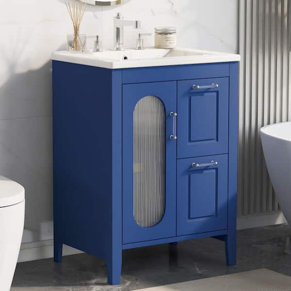 24 in W x 18.3 in. D x 33.2 in H Single Sink Freestanding Blue Bath Vanity with White Ceramic Top and Adjustable Shelf