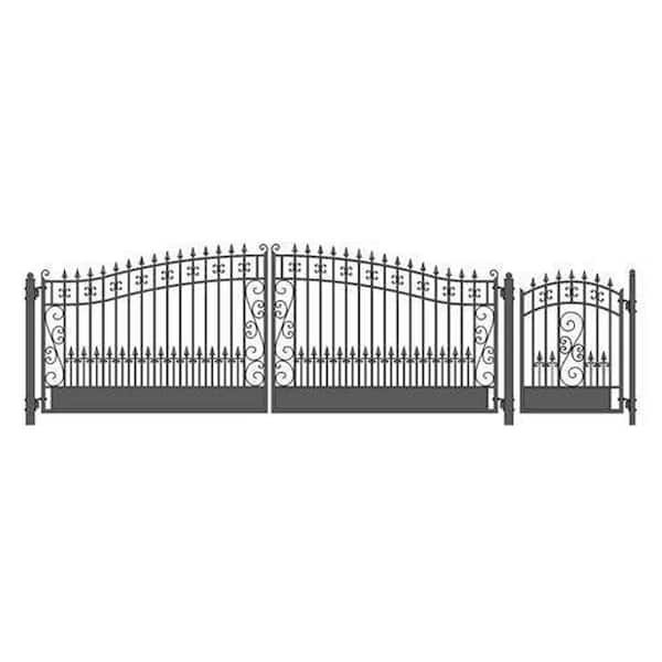 ALEKO 21 ft. x 6 ft. Black Steel Dual Swing Driveway Gate Venice Style 16 ft. with Pedestrian Gate 5 ft. Fence Gate