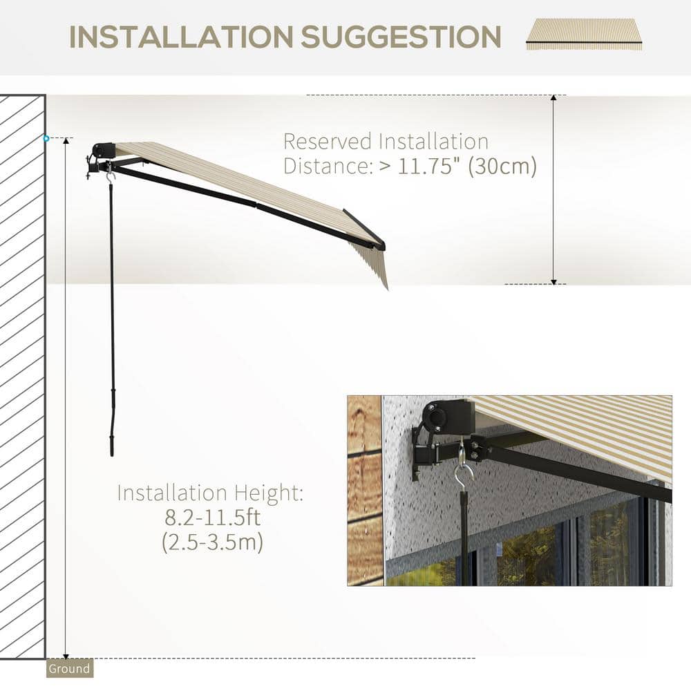 Beige and White Retractable Patio Awning with Manual Crank