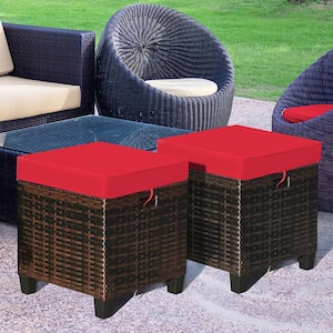 Wicker Outdoor Ottoman with Red Cushion (2-Pack)
