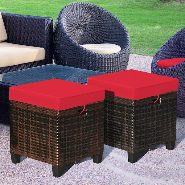 Wicker Outdoor Ottoman with Red Cushion (2-Pack)