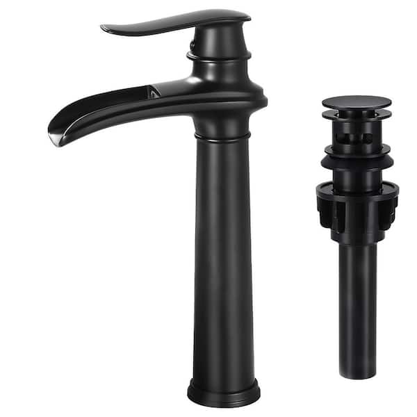 Single Handle Single Hole Bathroom Vessel Sink Faucet, Waterfall Bathroom Sink Faucet with Pop-Up Drain in Matte Black