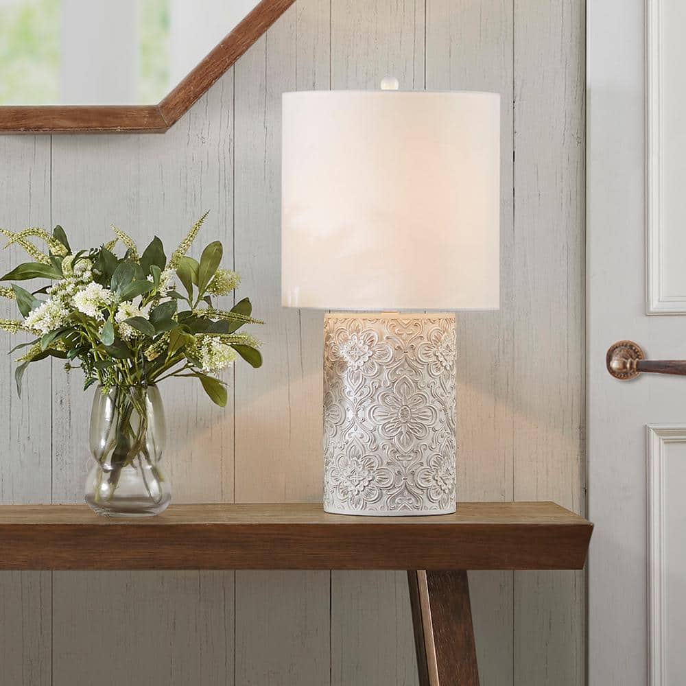 Ivory Floral Embossed Resin Cylinder Table Lamp with 3-Way Switch