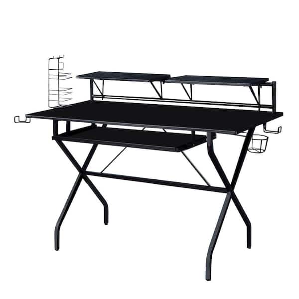 Benjara 37 in. H x 24 in. W Black Tubular Metal Frame Computer Desk with 2-Shelves and Cup Holder
