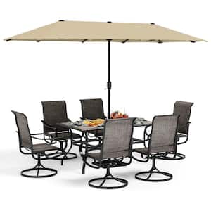 Black 8-Piece Metal Patio Outdoor Dining Set with Wood Finish Table, Umbrella and Textilene Swivel Chairs
