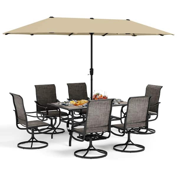 PHI VILLA Black 8-Piece Metal Patio Outdoor Dining Set with Wood Finish Table, Umbrella and Textilene Swivel Chairs