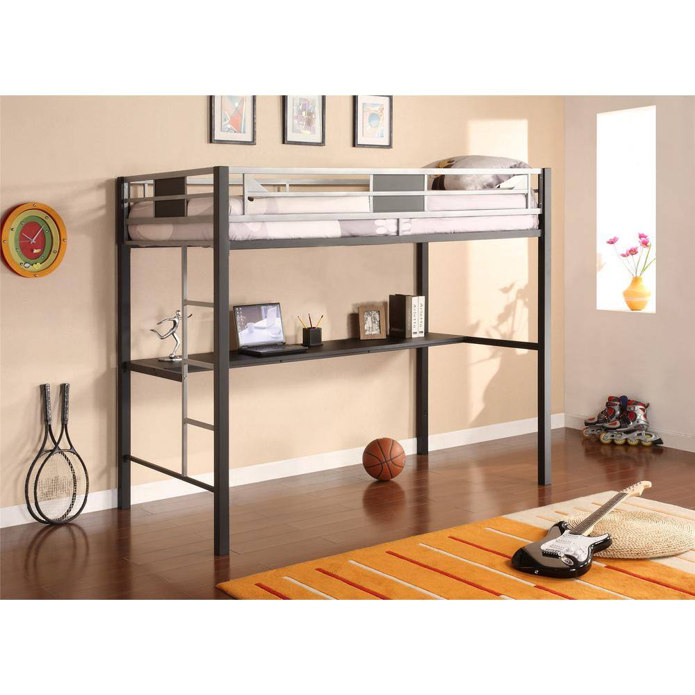 Silver Twin Loft Bed with Desk and Ladder