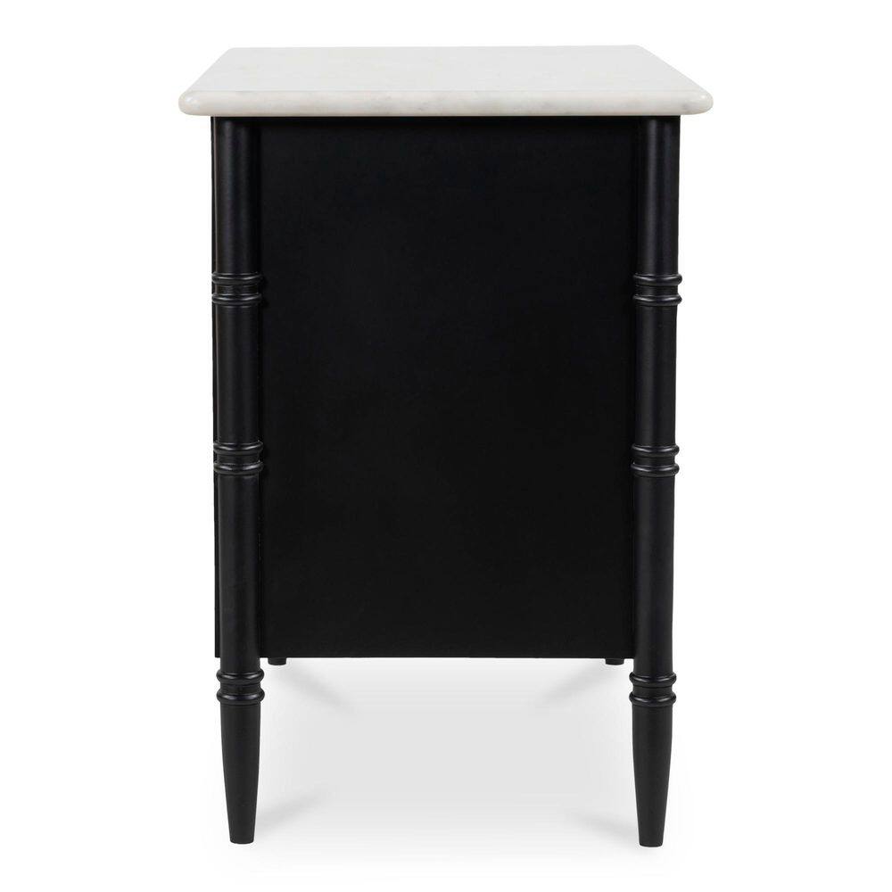 Back view of a black nightstand with a marble top.