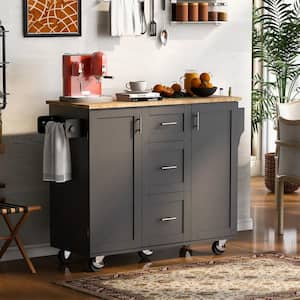 Black Rubber Wood Top 51.49 in. Kitchen Island with 3-Drawer, 2 Slide-Out Shelf, Rack Spice Rack and Tower Rack