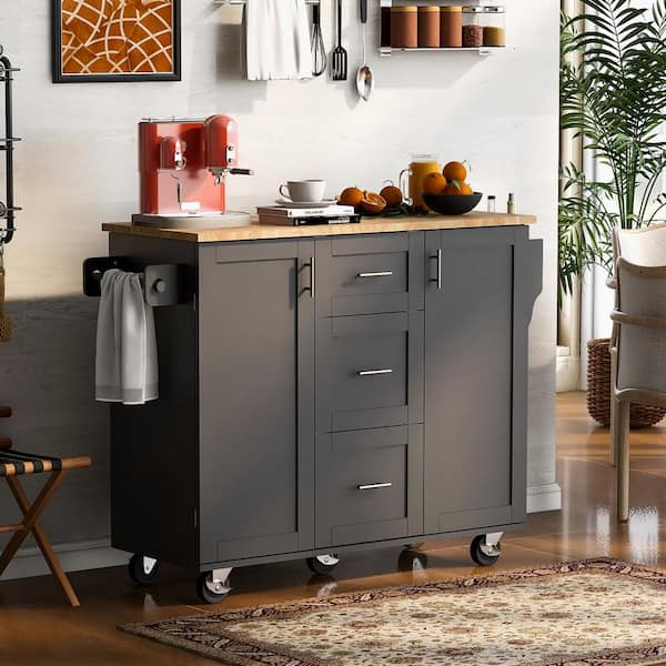 Polibi Black Rubber Wood Top 51.49 in. Kitchen Island with 3-Drawer, 2 Slide-Out Shelf, Rack Spice Rack and Tower Rack