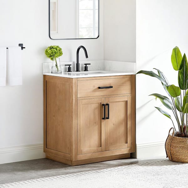 Gavino 30 in. W x 22 in. D x 34 in. H Bath Vanity in Light Brown with Grain White Engineered Stone Top