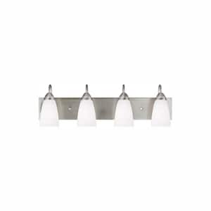 Seville 28 in. 4-Light Brushed Nickel Transitional Modern Wall Bathroom Vanity Light with White Glass and LED Bulbs