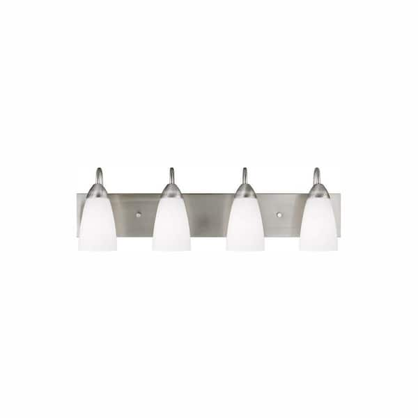 Generation Lighting Seville 28 in. 4-Light Brushed Nickel Transitional Modern Wall Bathroom Vanity Light with White Glass and LED Bulbs