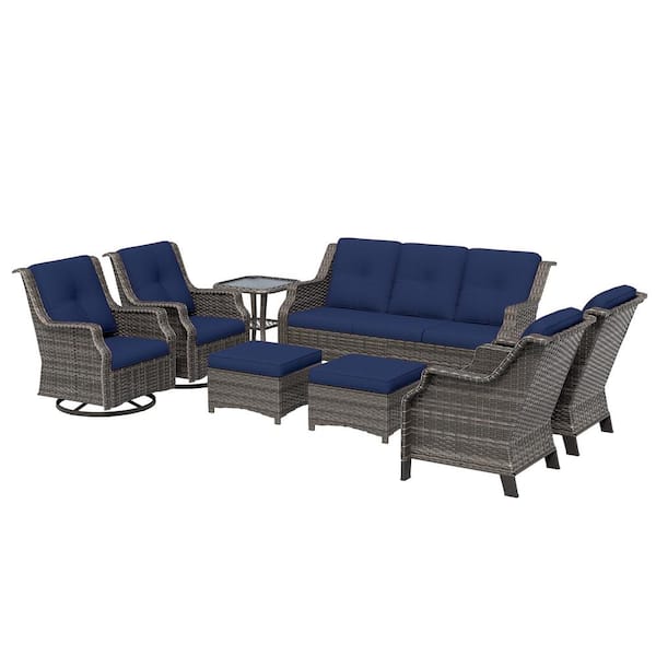 Outdoor Patio Furniture Set 8-Piece Wicker Patio Conversation Seating with Blue Cushion