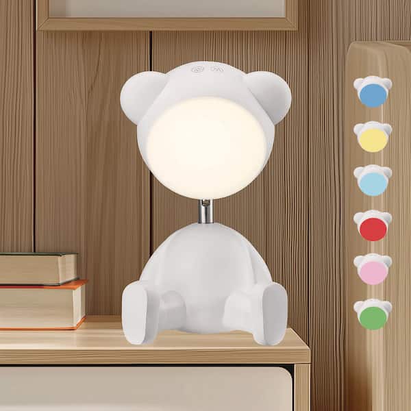 White 11.125 in. Indoor Teddy Bear Table Lamp with Dimmable and RGB Color Changing Features