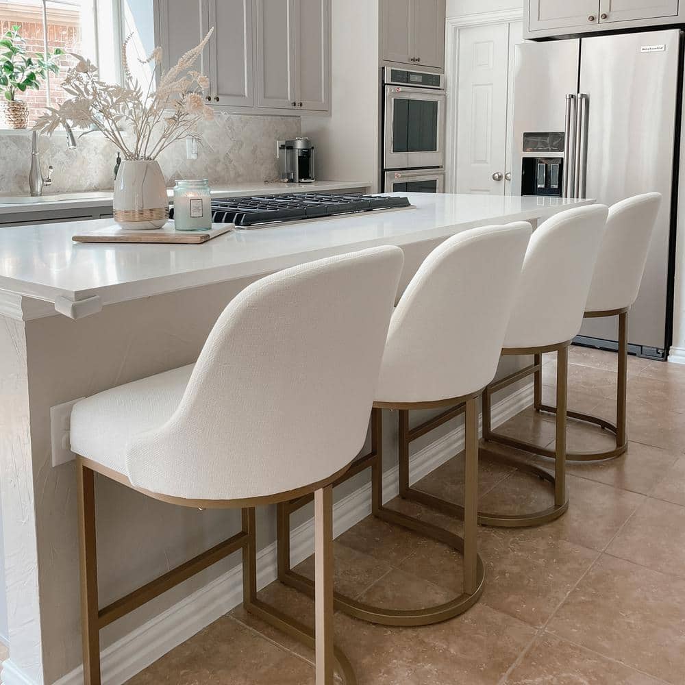 Elegant White Linen & Gold Metal Barrelback Counter Stool, Set of 2