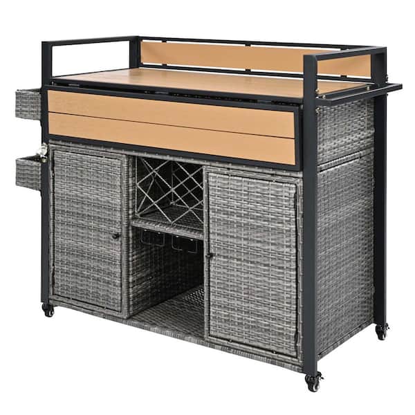 Grey Wicker Outdoor Serving Bars with Storage Cabinet
