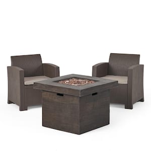 Bedrock 3-Piece Faux Wicker Patio Fire Pit Conversation Set with Mixed Beige Cushions