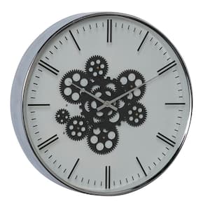 16 in. x 16 in. Round Black and White Metal Wall Clock With Functioning Gear Center and Silver Rim