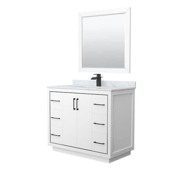 Wyndham Collection Icon 42 in. W x 22 in. D x 35 in. H Single Bath Vanity in White with White Carrara Marble Top and 34 in. Mirror