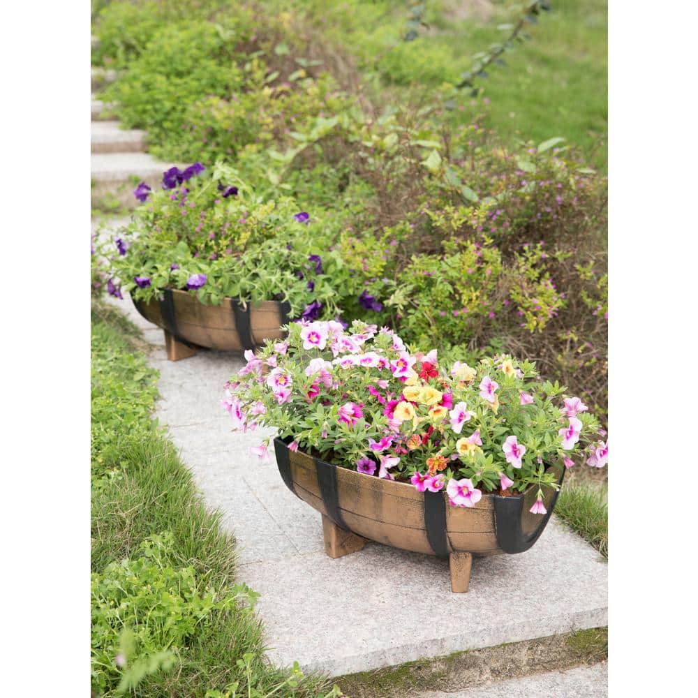 Rustic Brown and Black Plastic Half Barrel Planter Set