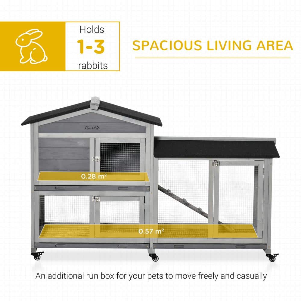 Gray Wooden Guinea Pig Hutch with Wheels and Ramp
